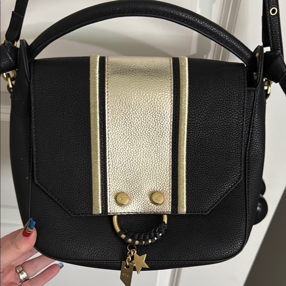 Foley + Corinna Black and Gold flowerbed Crossbody Bag with Structured Design - Picture 1 of 14